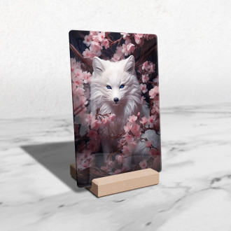 Acrylic glass fox with blue eyes hiding in flowers