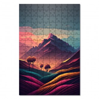 Wooden Puzzle Mountain at dusk