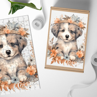 Wooden Puzzle Young dog in flowers