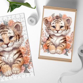 Wooden Puzzle Tiger cub in flowers
