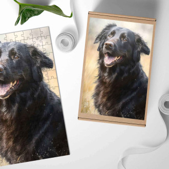 Wooden Puzzle Flat Coated Retriever watercolor
