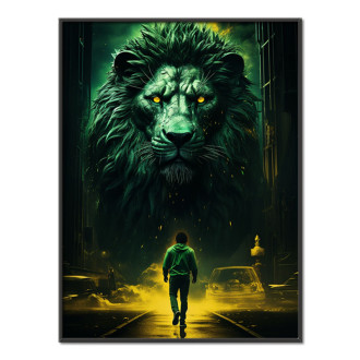 man walking by a large lion on a dark nigh