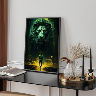 man walking by a large lion on a dark nigh