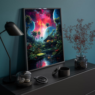 colorful painting of a jungle house and planets above it
