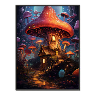 mushrooms and a house under a moonlit sky
