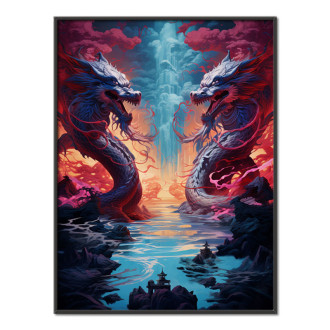 painting of two dragons fighting in an asian setting