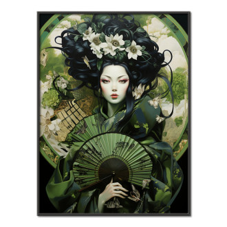 green and black geisha with a fan