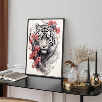 tiger with red flowers