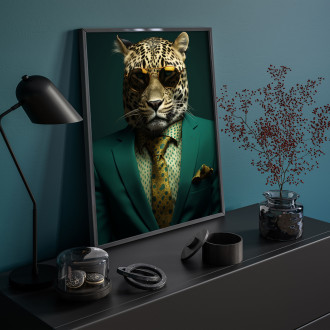 leopard in green suit and tie