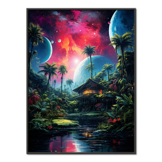 colorful painting of a jungle house and planets above it