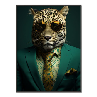 leopard in green suit and tie