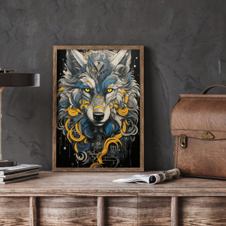 black and yellow painting of a wolfs head