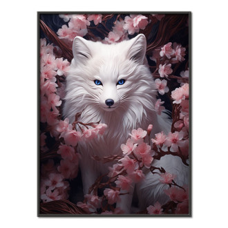 fox with blue eyes hiding in flowers