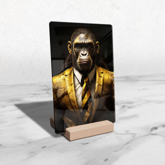 Acrylic glass monkey in gold suit and tie