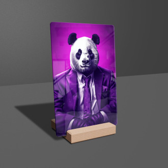 Acrylic glass panda bear in purple suit and tie