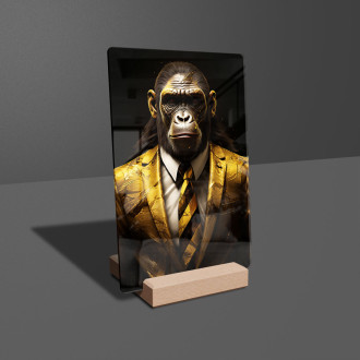 Acrylic glass monkey in gold suit and tie