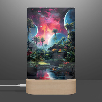 Lamp colorful painting of a jungle house and planets above it