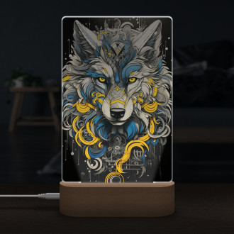 Lamp black and yellow painting of a wolfs head