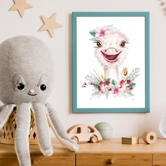 Amused ostrich in flowers kids Poster