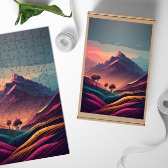 Wooden Puzzle Mountain at dusk