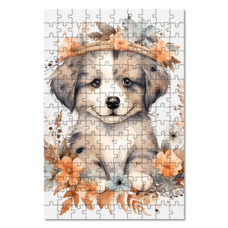 Wooden Puzzle Young dog in flowers