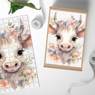Wooden Puzzle Baby cow in flowers