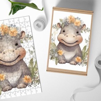 Wooden Puzzle Baby hippopotamus in flowers