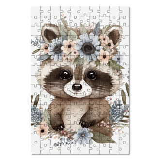 Wooden Puzzle Baby raccoon in flowers