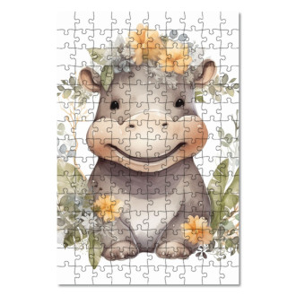 Wooden Puzzle Baby hippopotamus in flowers