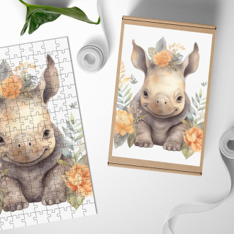 Wooden Puzzle Baby rhinoceros in flowers