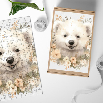Wooden Puzzle Polar bear cub in flowers